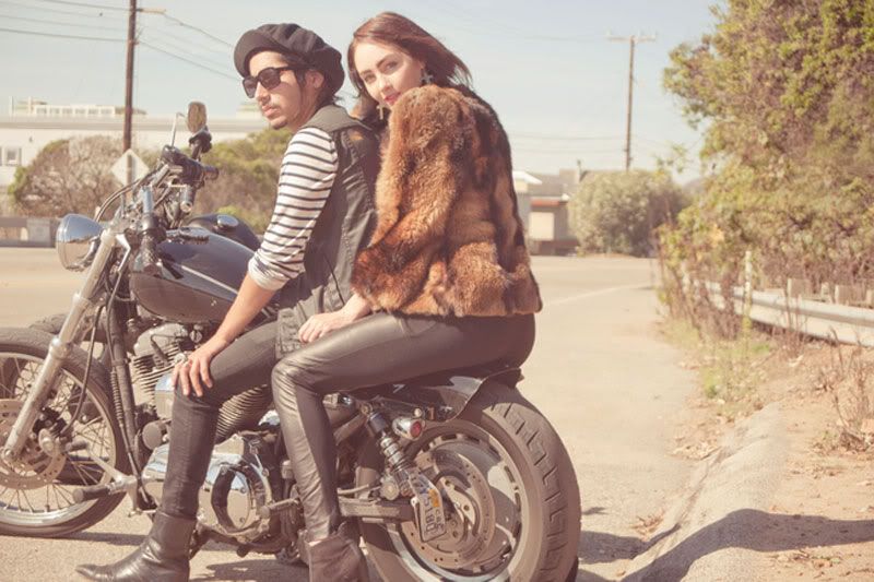 motorcyle,leather,leather pants,fur,fur coat