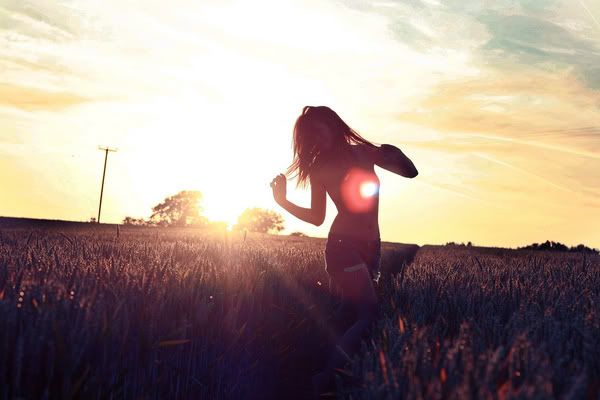 nude,sunset,lens flair,field